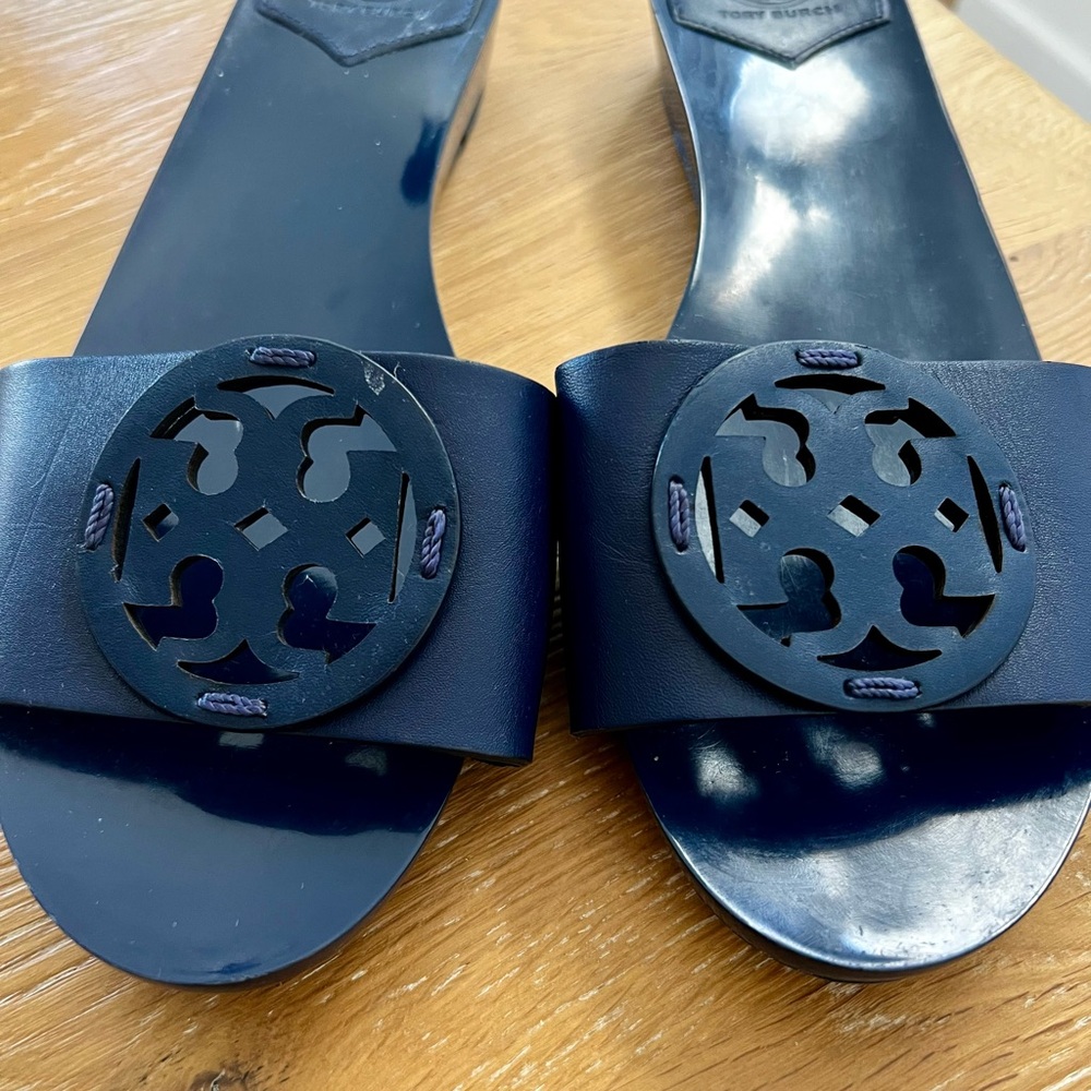 Tory Burch Navy Leather Logo Slide Sandals
